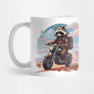 raccoon riding a motorcycle in the desert Mug